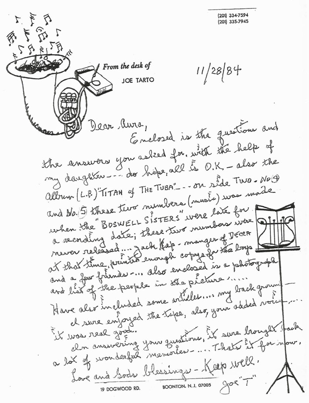 A letter from Joe Tarto to Aura Lee enclosing answers to her eleven questions about recording with the Boswell Sisters.